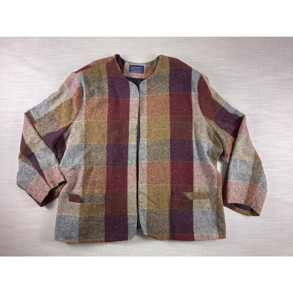 Willow Ridge Womens Plaid Open Front Collarless Blazer Jacket Multicolor Lined